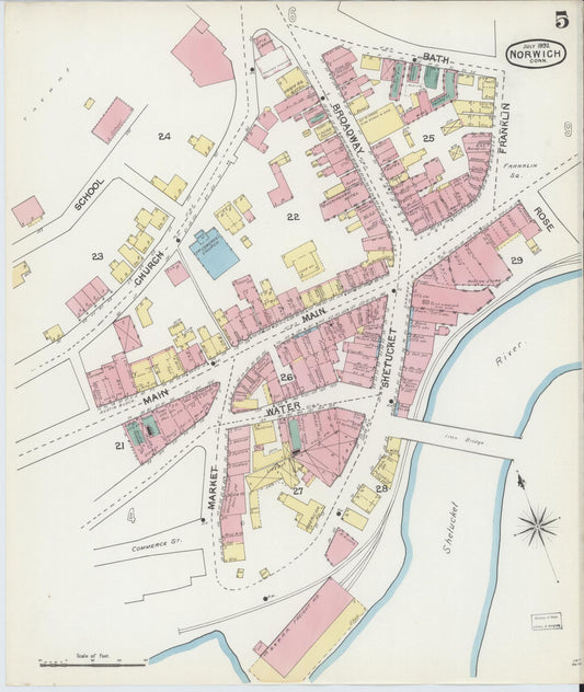 Sanborn Fire Insurance Map from Norwich, New London County, Connecticut (1892), Sheet #0005 - Historic Sanborn Fire Insurance Map Print, vintage old map wall art, antique decor, genealogy gift, Connecticut Connecticut map