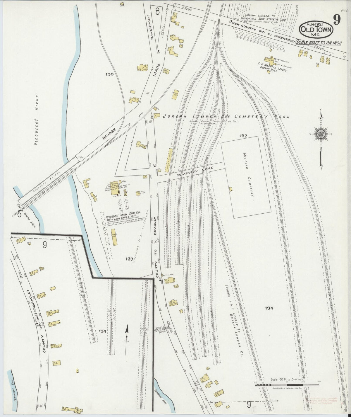 Sanborn Fire Insurance Map from Old Town, Penobscot County, Maine (1921), Sheet #0009 - Historic Sanborn Fire Insurance Map Print, vintage old map wall art, antique decor, genealogy gift, Maine Maine map