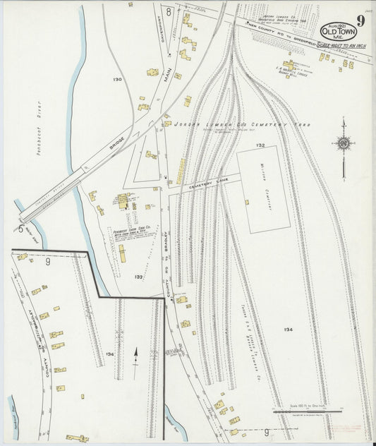 Sanborn Fire Insurance Map from Old Town, Penobscot County, Maine (1921), Sheet #0009 - Historic Sanborn Fire Insurance Map Print, vintage old map wall art, antique decor, genealogy gift, Maine Maine map