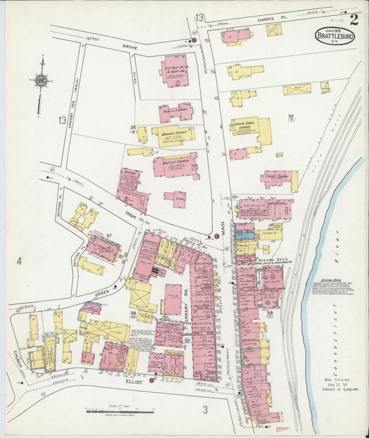 Sanborn Fire Insurance Map from Brattleboro, Windham County, Vermont (1919), Sheet #0002 - Historic Sanborn Fire Insurance Map Print, vintage old map wall art, antique decor, genealogy gift, Vermont Vermont map