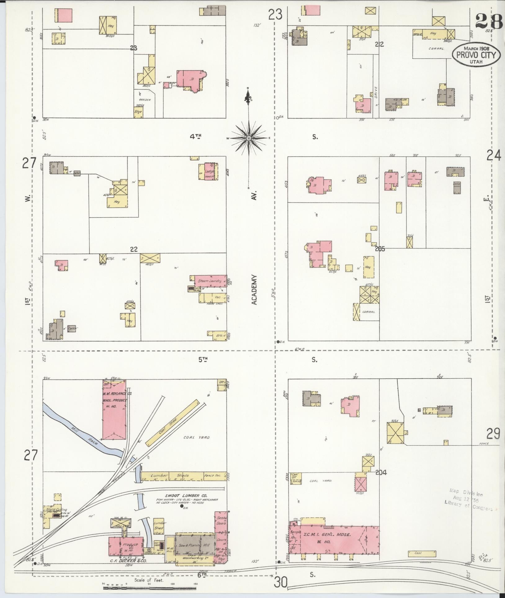Sanborn Fire Insurance Map from Provo, Utah County, Utah (1908), Sheet #0028 - Historic Sanborn Fire Insurance Map Print, vintage old map wall art, antique decor, genealogy gift, Provo Utah map