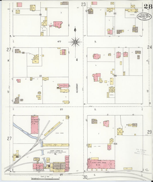 Sanborn Fire Insurance Map from Provo, Utah County, Utah (1908), Sheet #0028 - Historic Sanborn Fire Insurance Map Print, vintage old map wall art, antique decor, genealogy gift, Provo Utah map