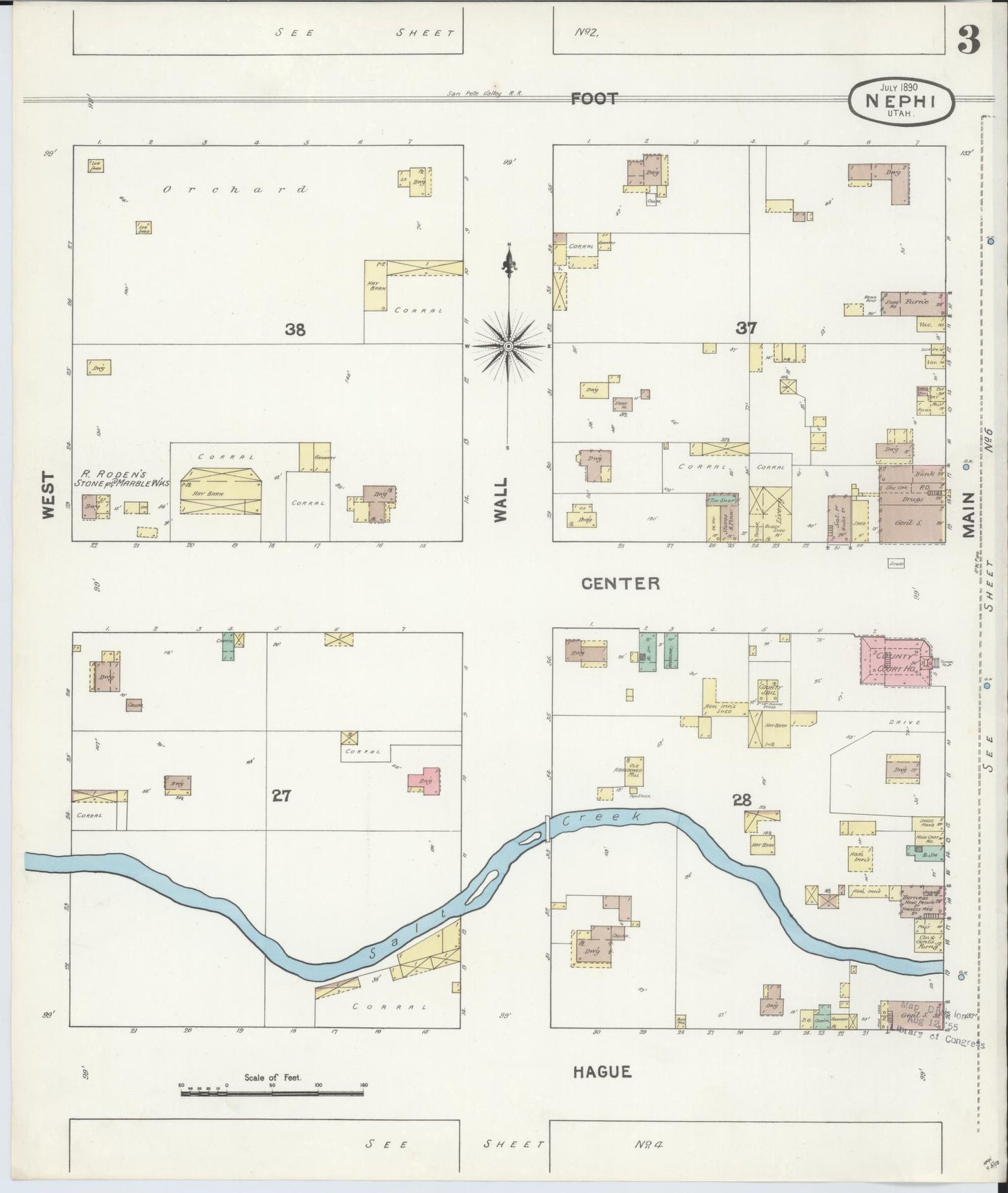 Sanborn Fire Insurance Map from Nephi, Juab County, Utah (1890), Sheet #0003 - Complete Map Set gallery image, historic Sanborn map, vintage wall art, Utah Utah