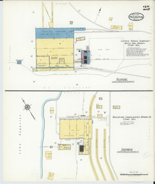 Sanborn Fire Insurance Map from Houghton, Houghton County, Michigan (1917), Sheet #0025 - Historic Sanborn Fire Insurance Map Print, vintage old map wall art, antique decor, genealogy gift, Michigan Michigan map