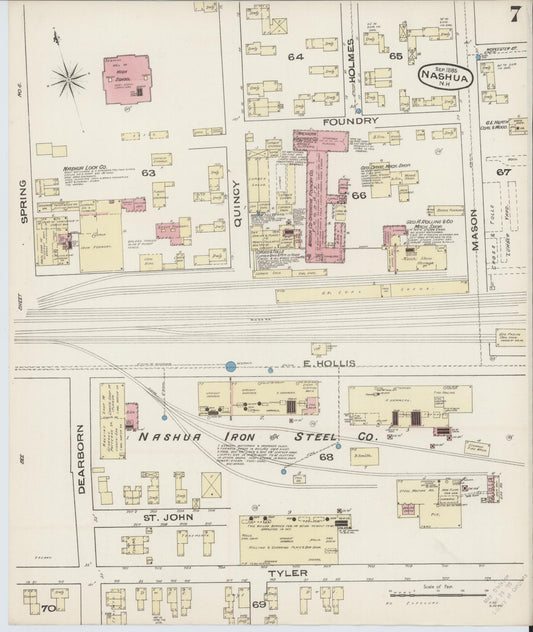 Sanborn Fire Insurance Map from Nashua, Hillsborough County, New Hampshire (1885), Sheet #0007 - Historic Sanborn Fire Insurance Map Print, vintage old map wall art, antique decor, genealogy gift, New Hampshire New Hampshire map