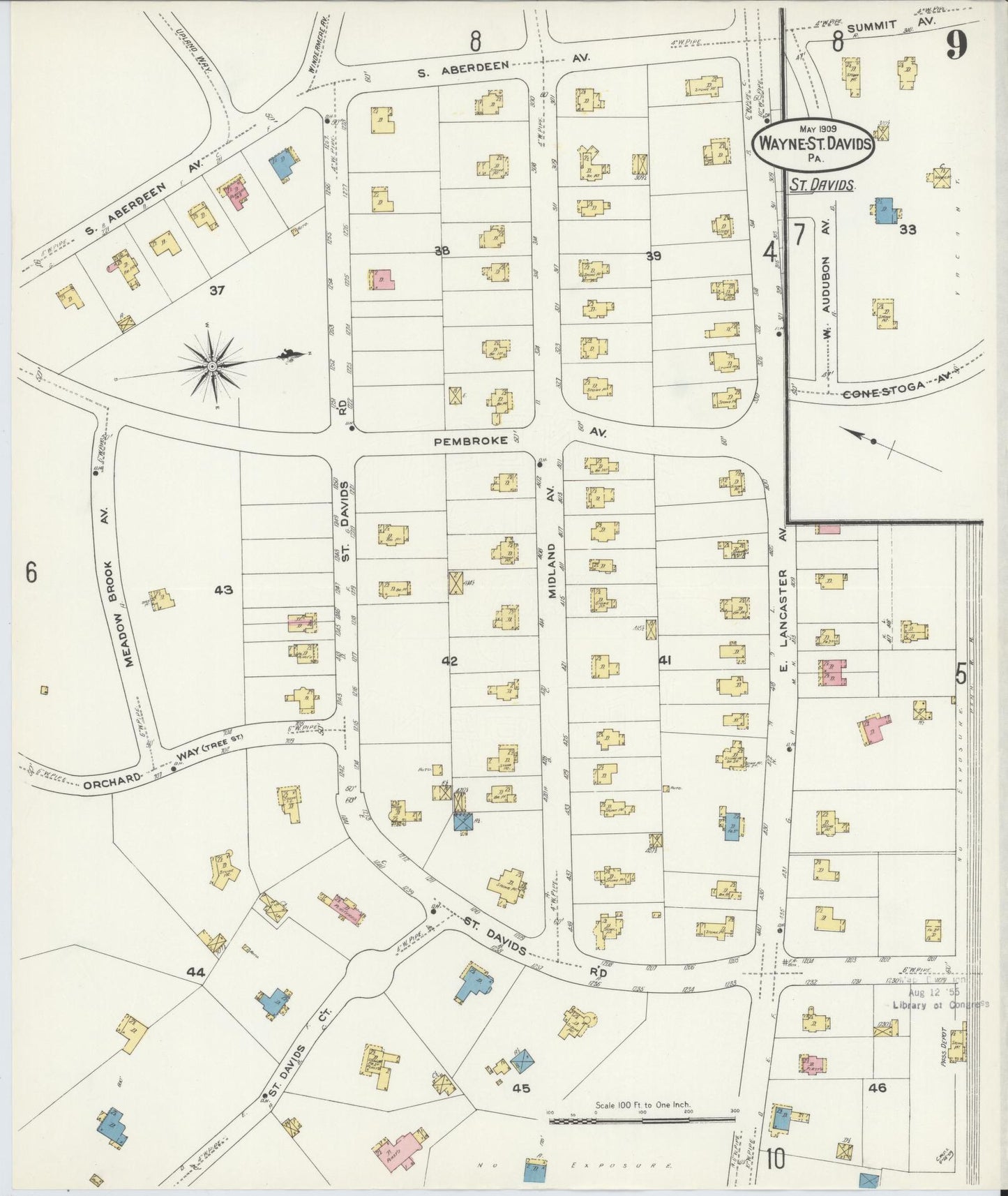 Sanborn Fire Insurance Map from Wayne, Delaware County, Pennsylvania (1909), Sheet #0009 - Historic Sanborn Fire Insurance Map Print, vintage old map wall art, antique decor, genealogy gift, Pennsylvania Pennsylvania map