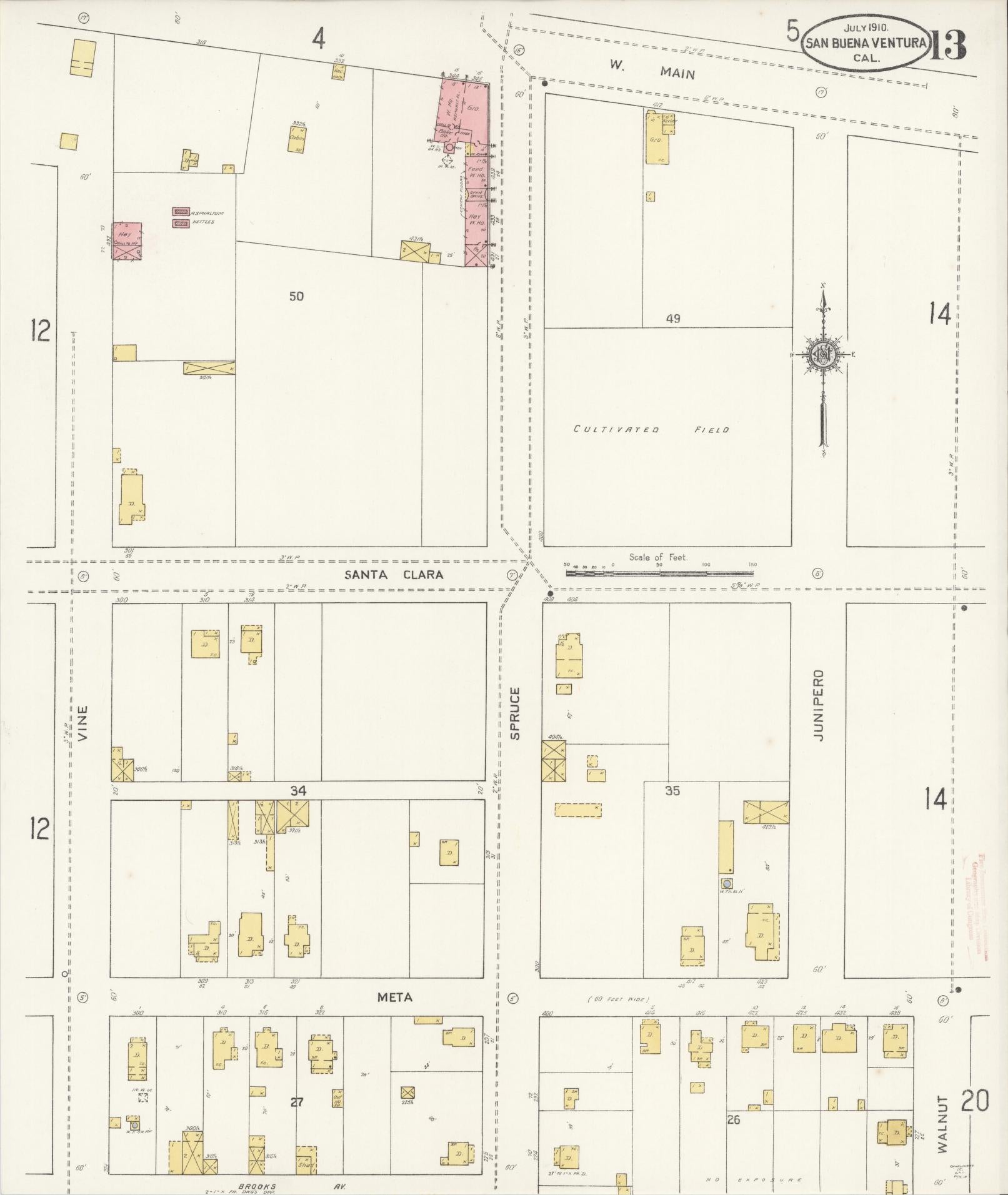 Sanborn Fire Insurance Map from San Buenaventura, Ventura County, California (1910), Sheet #0013 - Complete Map Set gallery image, historic Sanborn map, vintage wall art, California California