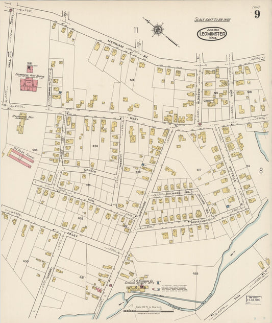 Sanborn Fire Insurance Map from Leominster, Worcester County, Massachusetts (1922), Sheet #0009 - Historic Sanborn Fire Insurance Map Print, vintage old map wall art, antique decor, genealogy gift, Massachusetts Massachusetts map