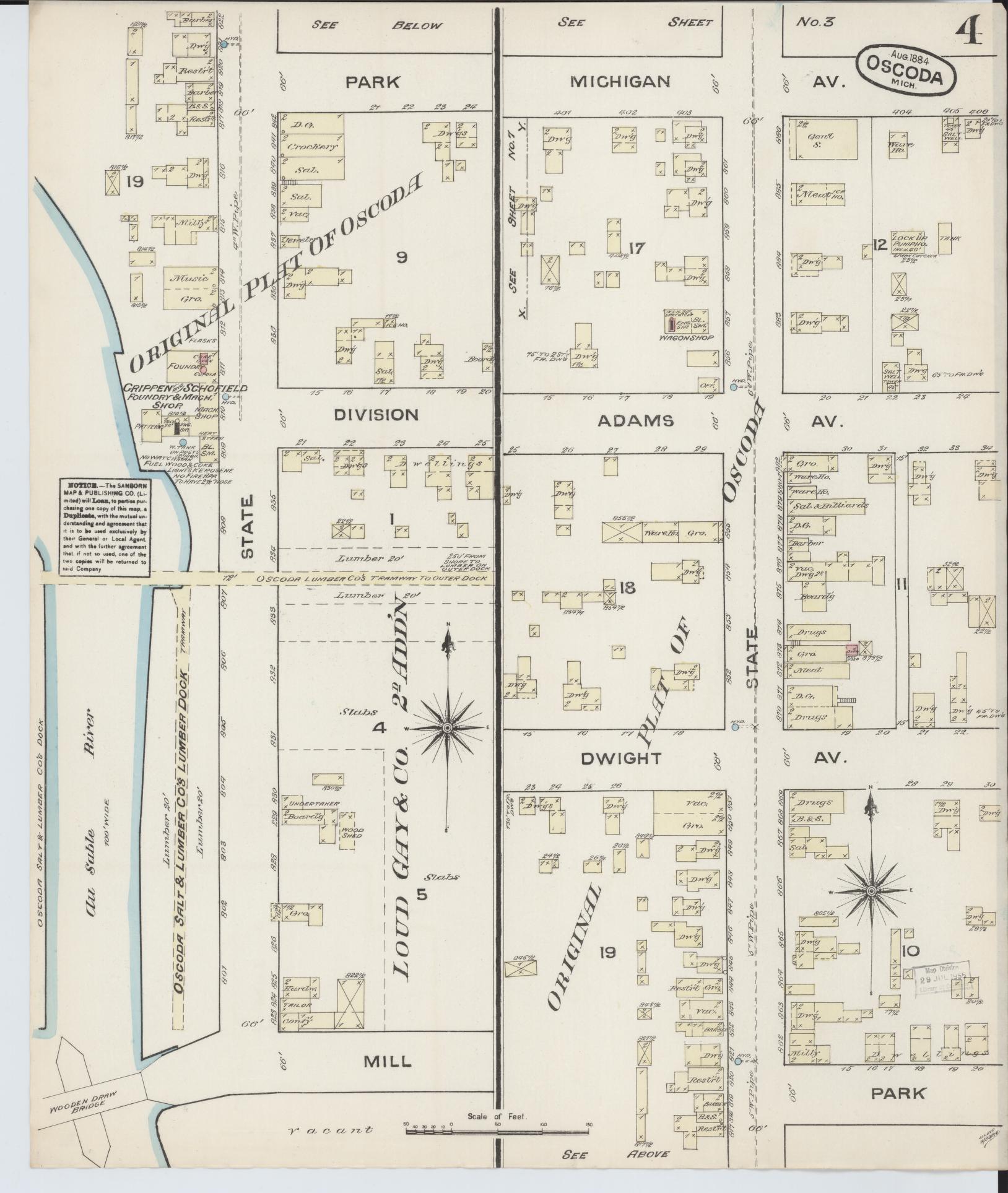 Sanborn Fire Insurance Map from Oscoda, Iosco County, Michigan (1884), Sheet #0004 - Complete Map Set gallery image, historic Sanborn map, vintage wall art, Michigan Michigan