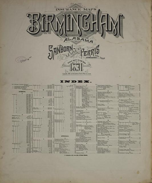 Sanborn Fire Insurance Map from Birmingham, Jefferson County, Alabama (1891), Sheet #0001 - Historic Sanborn Fire Insurance Map Print, vintage old map wall art, antique decor, genealogy gift, Alabama Alabama map