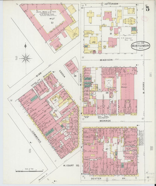 Sanborn Fire Insurance Map from Montgomery, Montgomery County, Alabama (1894), Sheet #0005 - Historic Sanborn Fire Insurance Map Print, vintage old map wall art, antique decor, genealogy gift, Alabama Alabama map