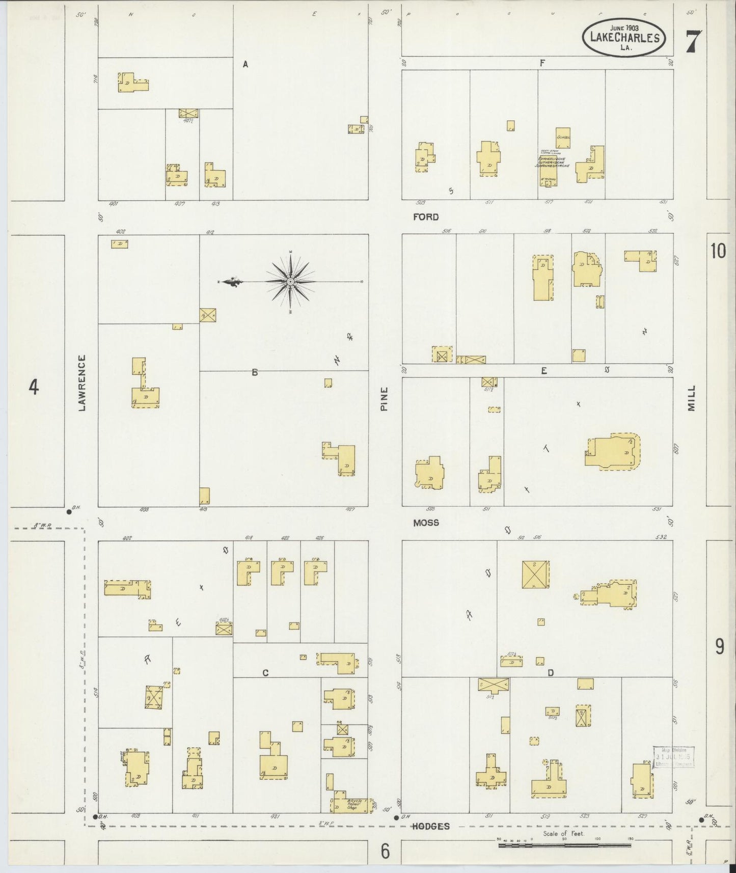 Sanborn Fire Insurance Map from Lake Charles, Calcasieu Parish, Louisiana (1903), Sheet #0007 - Historic Sanborn Fire Insurance Map Print, vintage old map wall art, antique decor, genealogy gift, Louisiana Louisiana map