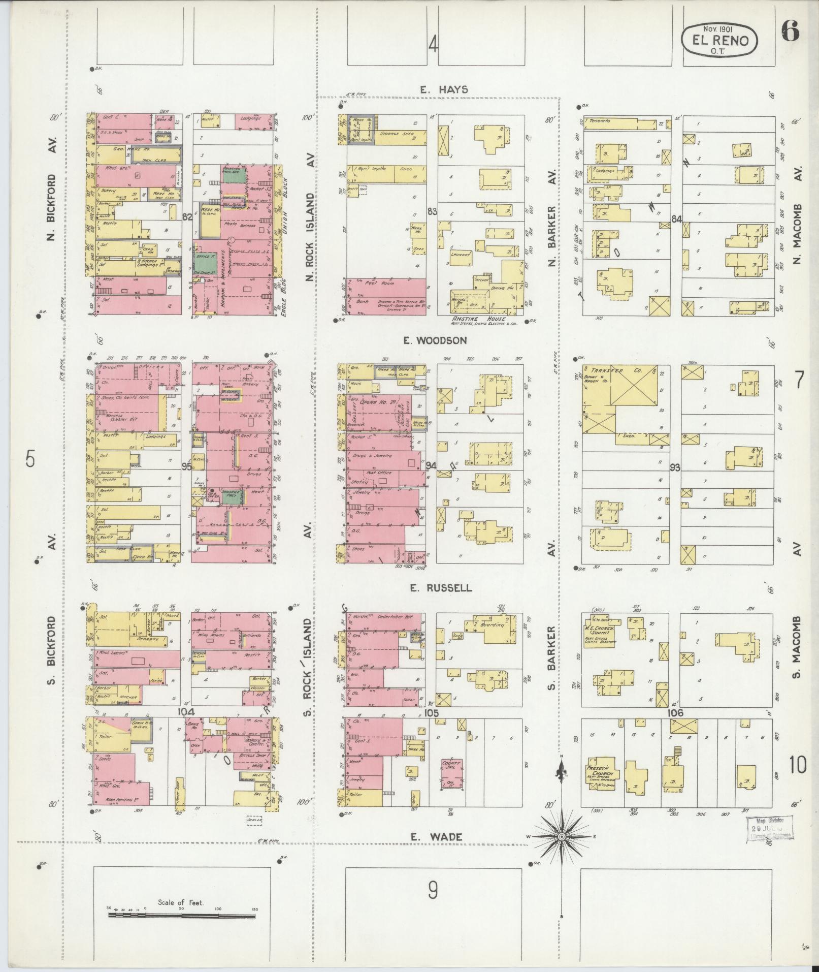 Sanborn Fire Insurance Map from El Reno, Canadian County, Oklahoma (1901), Sheet #0006 - Complete Map Set gallery image, historic Sanborn map, vintage wall art, Oklahoma Oklahoma