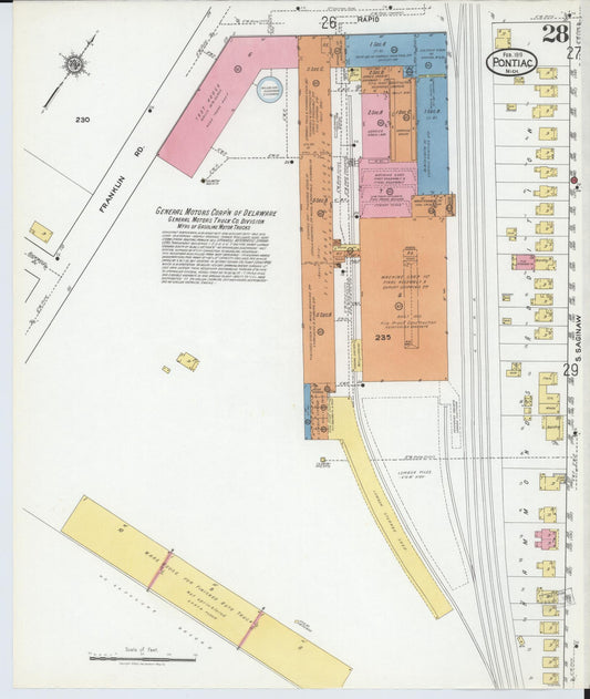 Sanborn Fire Insurance Map from Pontiac, Oakland County, Michigan (1919), Sheet #0028 - Historic Sanborn Fire Insurance Map Print, vintage old map wall art, antique decor, genealogy gift, Michigan Michigan map