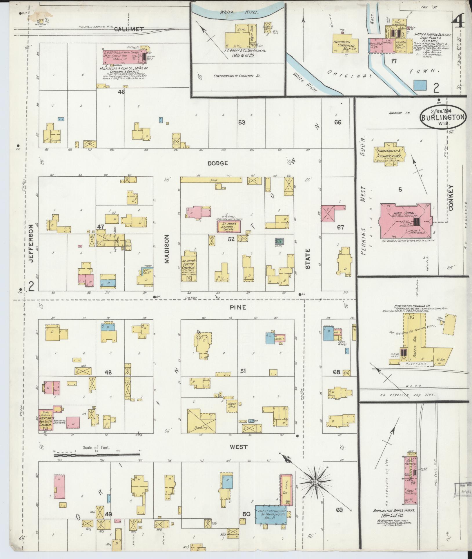 Sanborn Fire Insurance Map from Burlington, Racine County, Wisconsin (1904), Sheet #0004 - Historic Sanborn Fire Insurance Map Print, vintage old map wall art, antique decor, genealogy gift, Wisconsin Wisconsin map
