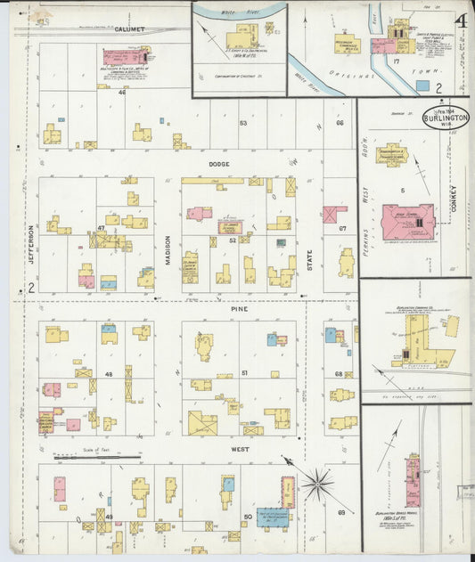 Sanborn Fire Insurance Map from Burlington, Racine County, Wisconsin (1904), Sheet #0004 - Historic Sanborn Fire Insurance Map Print, vintage old map wall art, antique decor, genealogy gift, Wisconsin Wisconsin map