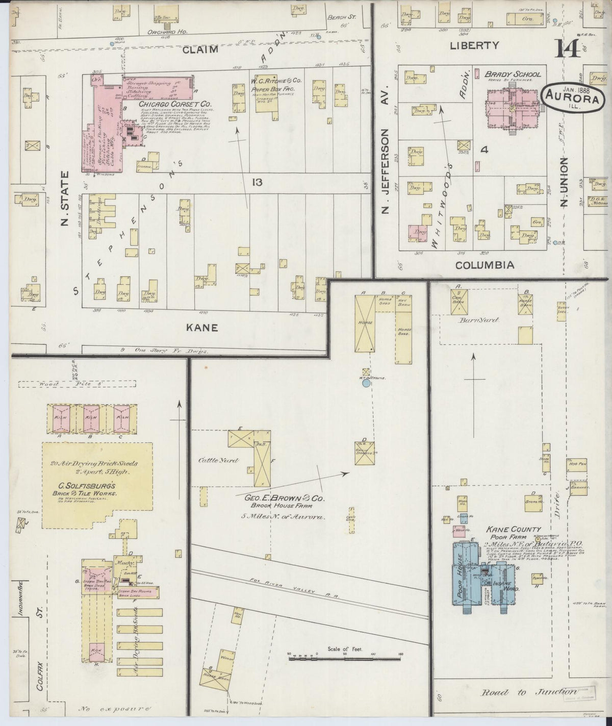 Sanborn Fire Insurance Map from Aurora, Kane County, Illinois (1888), Sheet #0014 - Complete Map Set gallery image, historic Sanborn map, vintage wall art, Illinois Illinois