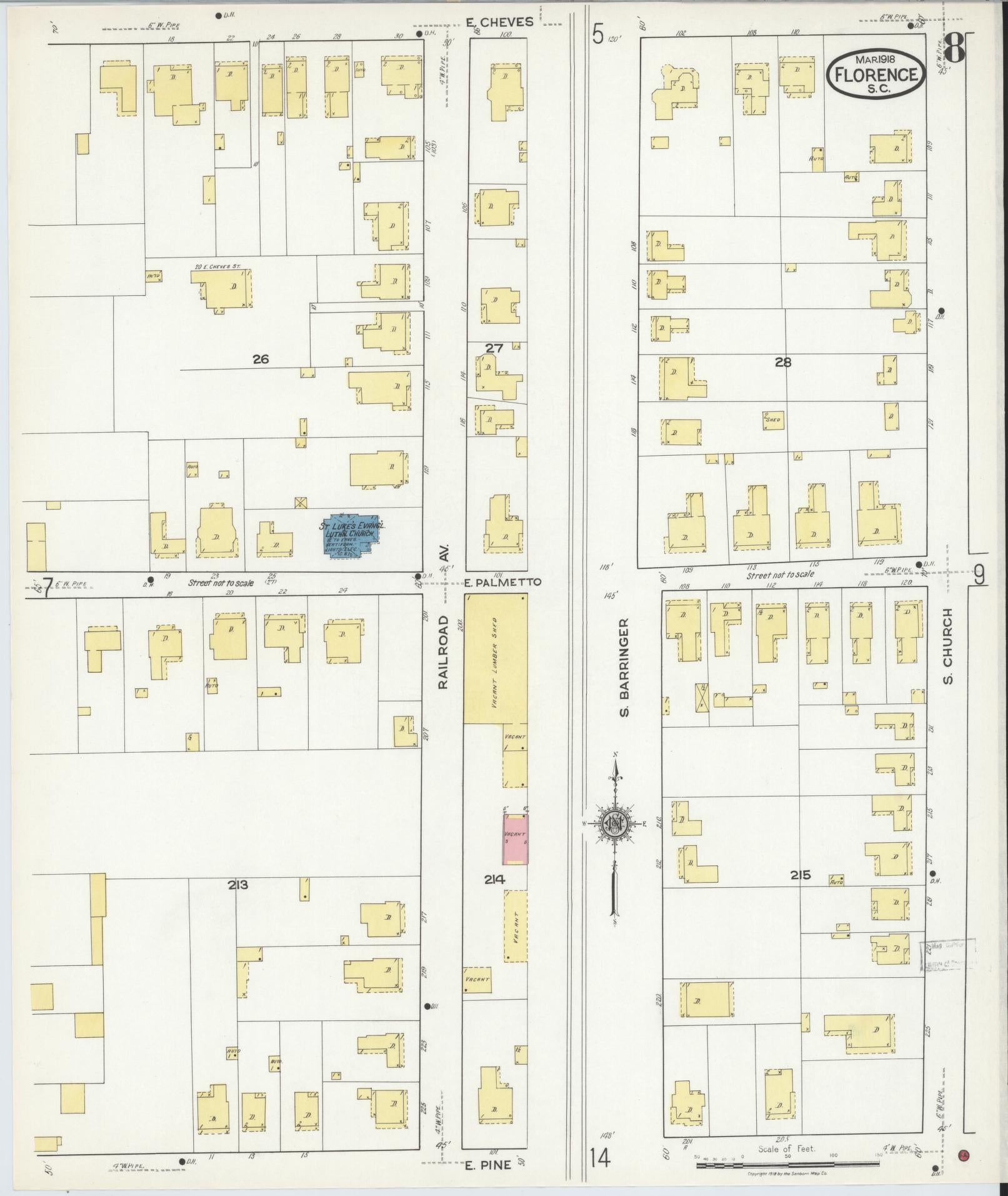 Sanborn Fire Insurance Map from Florence, Florence County, South Carolina (1918), Sheet #0008 - Complete Map Set gallery image, historic Sanborn map, vintage wall art, South Carolina South Carolina