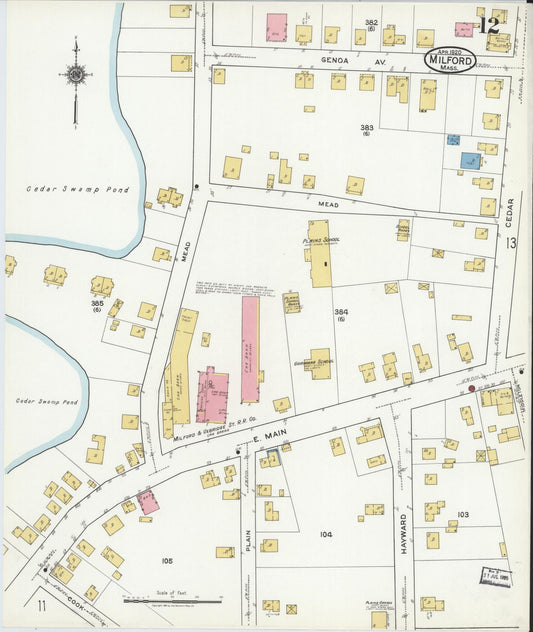 Sanborn Fire Insurance Map from Milford, Worcester County, Massachusetts (1920), Sheet #0012 - Historic Sanborn Fire Insurance Map Print, vintage old map wall art, antique decor, genealogy gift, Massachusetts Massachusetts map