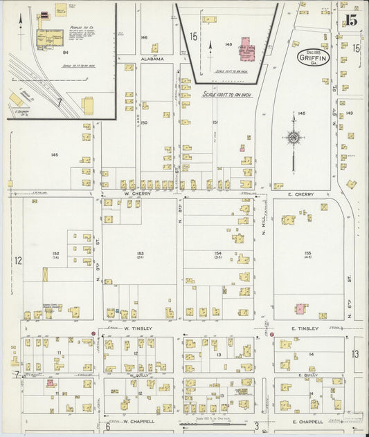 Sanborn Fire Insurance Map from Griffin, Spalding County, Georgia (1915), Sheet #0015 - Historic Sanborn Fire Insurance Map Print, vintage old map wall art, antique decor, genealogy gift, Georgia Georgia map