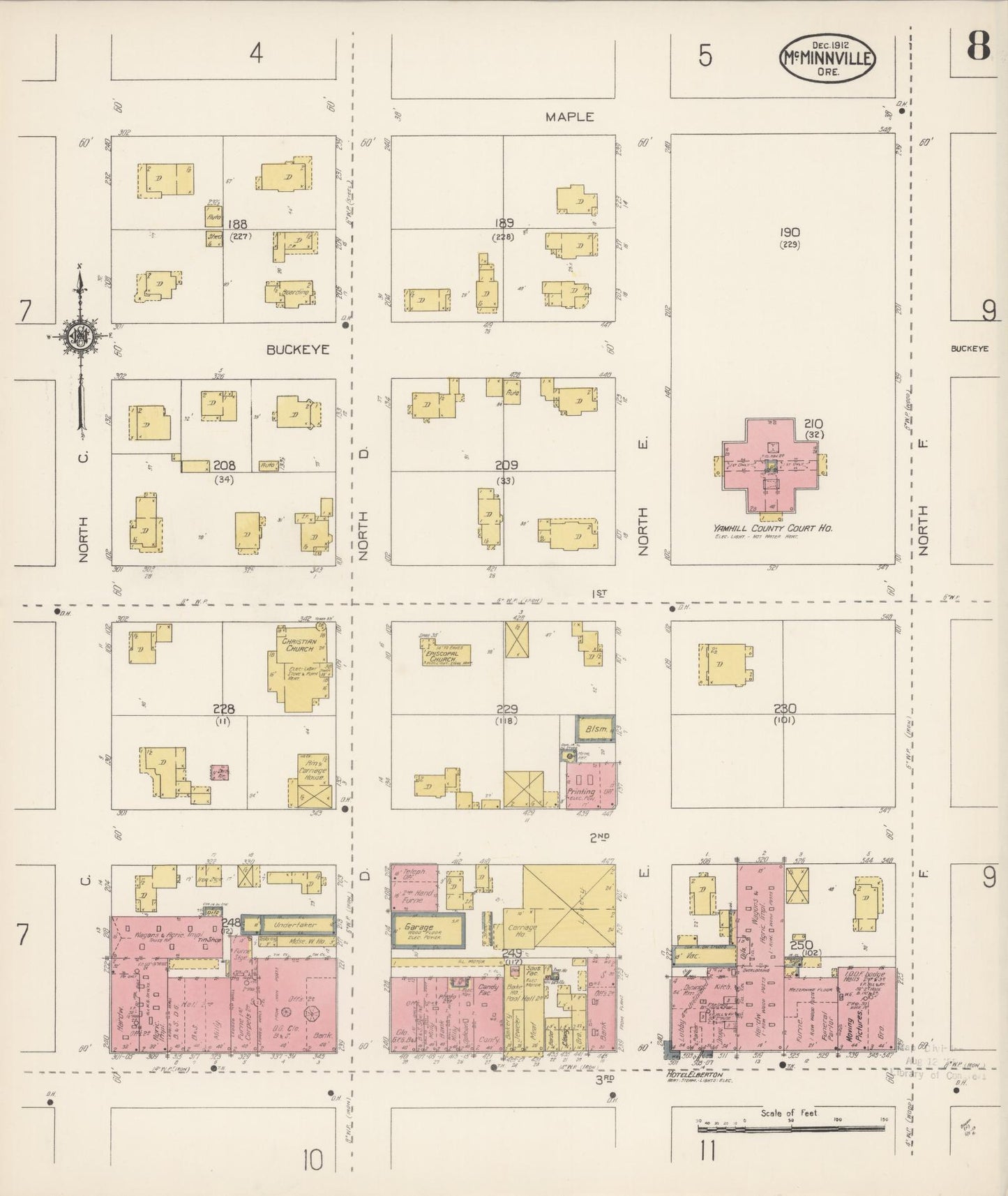 Sanborn Fire Insurance Map from McMinnville, Yamhill County, Oregon (1912), Sheet #0008 - Historic Sanborn Fire Insurance Map Print, vintage old map wall art, antique decor, genealogy gift, Oregon Oregon map