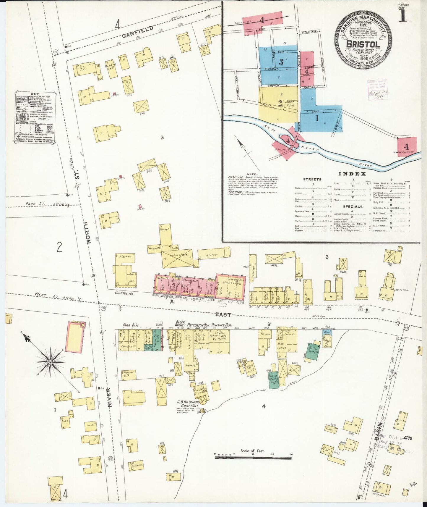 Sanborn Fire Insurance Map from Bristol, Addison County, Vermont (1906), Sheet #0001 - Historic Sanborn Fire Insurance Map Print, vintage old map wall art, antique decor, genealogy gift, Vermont Vermont map