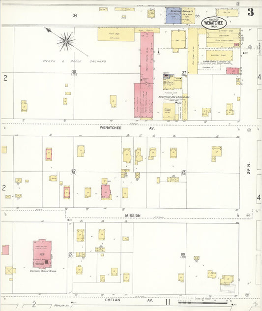 Sanborn Fire Insurance Map from Wenatchee, Chelan County, Washington (1909), Sheet #0003 - Historic Sanborn Fire Insurance Map Print, vintage old map wall art, antique decor, genealogy gift, Washington Washington map