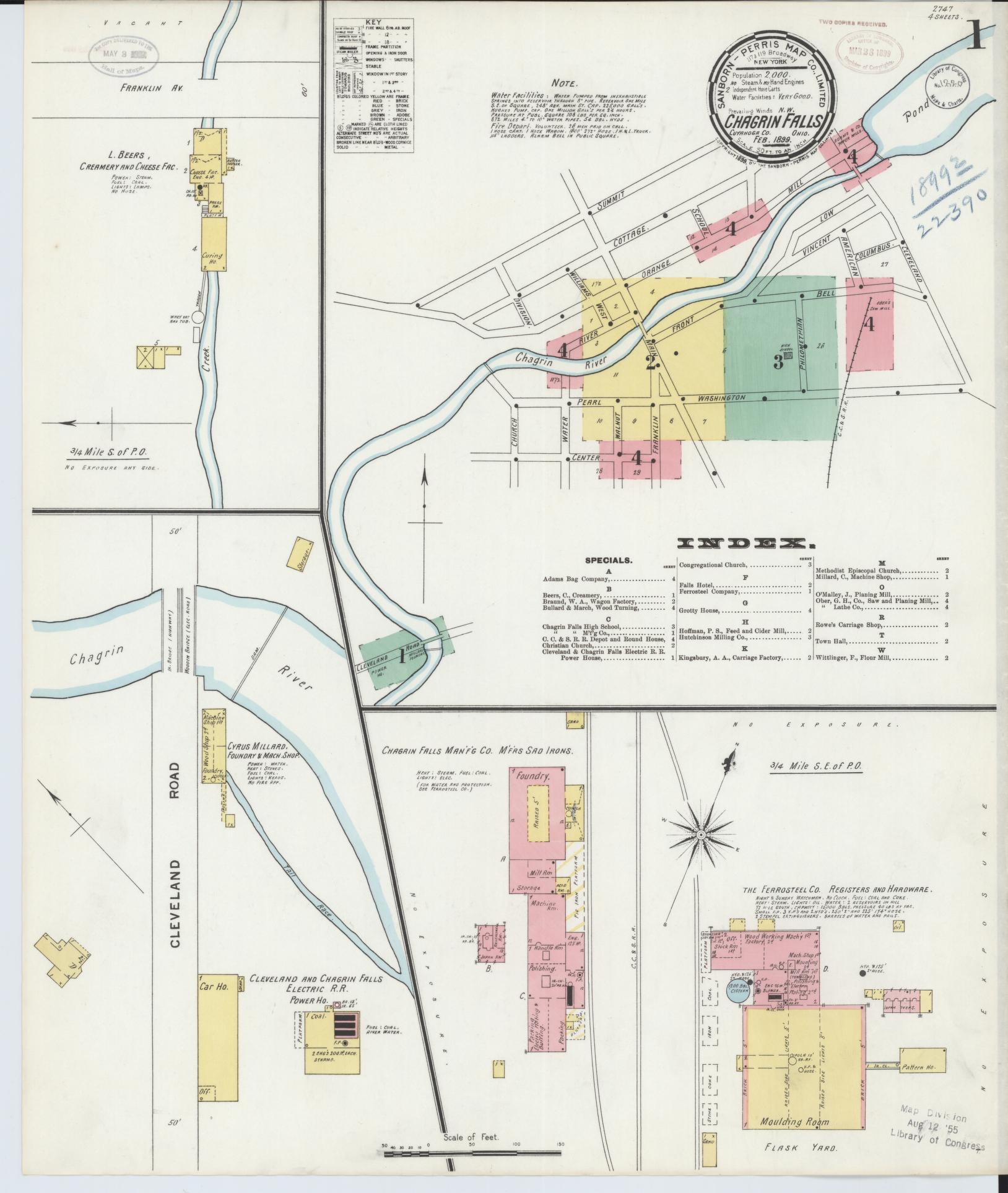 Sanborn Fire Insurance Map from Chagrin Falls, Cuyahoga County, Ohio (1899), Sheet #0001 - Historic Sanborn Fire Insurance Map Print, vintage old map wall art, antique decor, genealogy gift, Ohio Ohio map