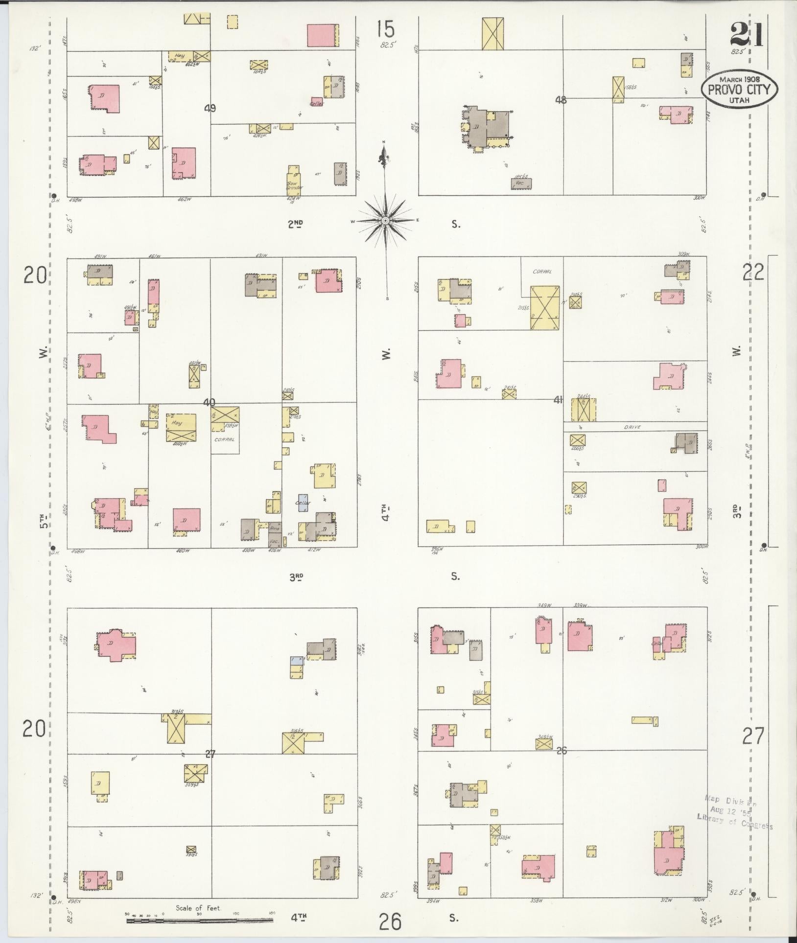 Sanborn Fire Insurance Map from Provo, Utah County, Utah (1908), Sheet #0021 - Historic Sanborn Fire Insurance Map Print, vintage old map wall art, antique decor, genealogy gift, Provo Utah map