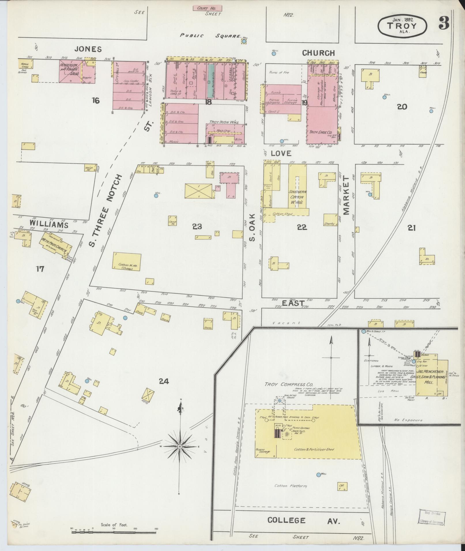 Sanborn Fire Insurance Map from Troy, Pike County, Alabama (1892), Sheet #0003 - Complete Map Set gallery image, historic Sanborn map, vintage wall art, Alabama Alabama