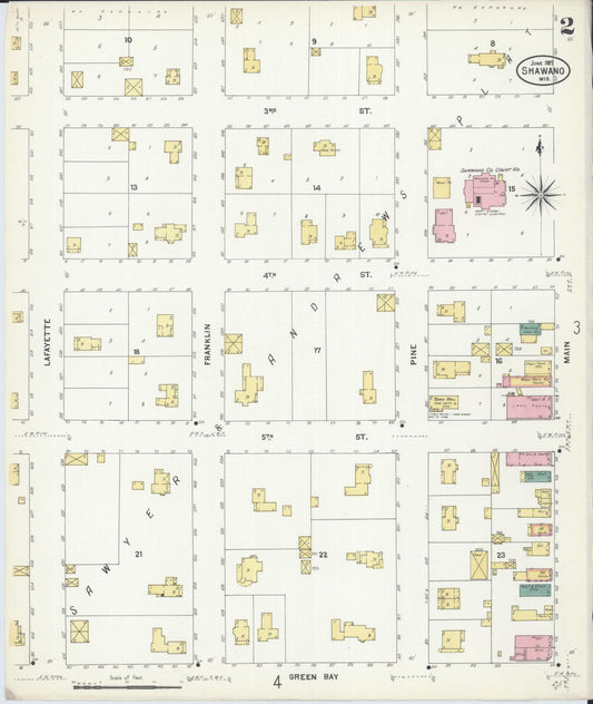 Sanborn Fire Insurance Map from Shawano, Shawano County, Wisconsin (1907), Sheet #0002 - Historic Sanborn Fire Insurance Map Print, vintage old map wall art, antique decor, genealogy gift, Wisconsin Wisconsin map