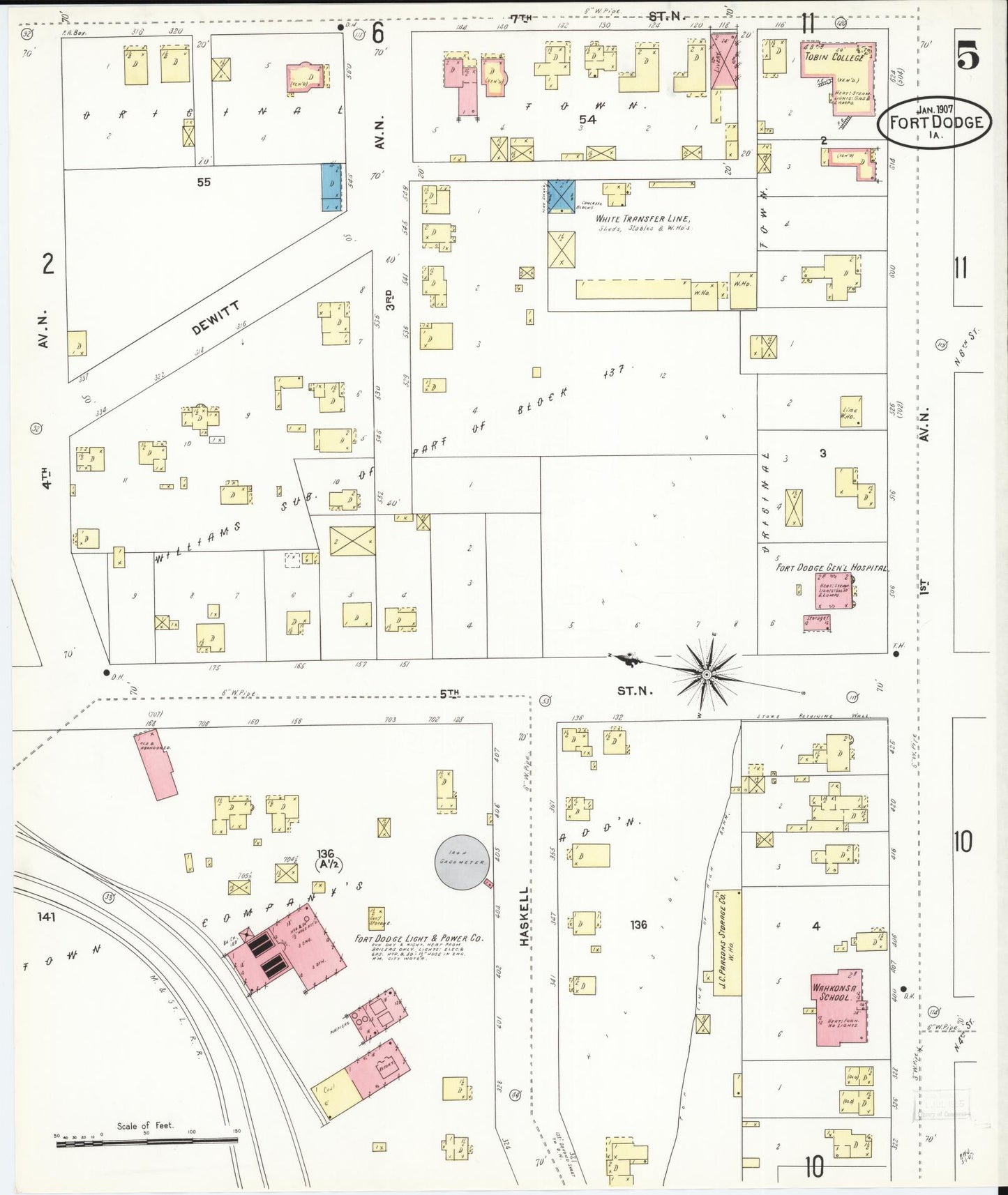 Sanborn Fire Insurance Map from Fort Dodge, Webster County, Iowa (1907), Sheet #0005 - Historic Sanborn Fire Insurance Map Print, vintage old map wall art