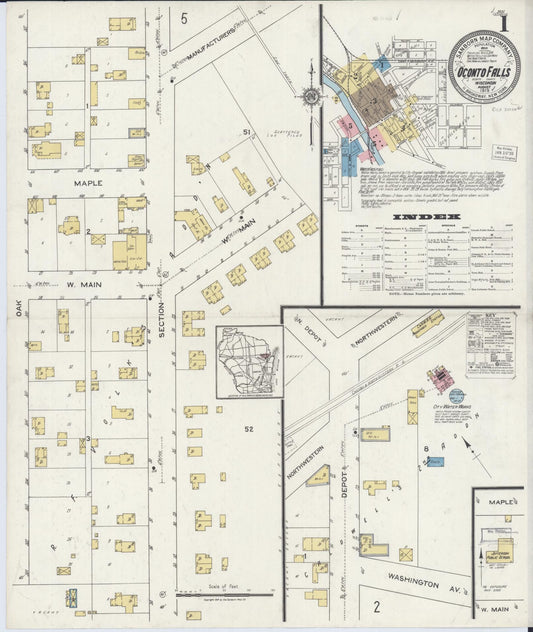 Sanborn Fire Insurance Map from Oconto Falls, Oconto County, Wisconsin (1919), Sheet #0001 - Historic Sanborn Fire Insurance Map Print, vintage old map wall art, antique decor, genealogy gift, Wisconsin Wisconsin map
