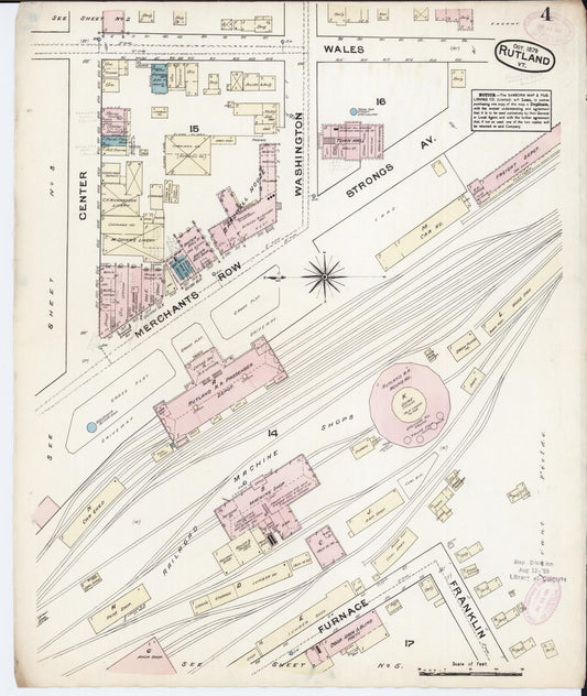 Sanborn Fire Insurance Map from Rutland, Rutland County, Vermont (1879), Sheet #0004 - Historic Sanborn Fire Insurance Map Print, vintage old map wall art, antique decor, genealogy gift, Vermont Vermont map