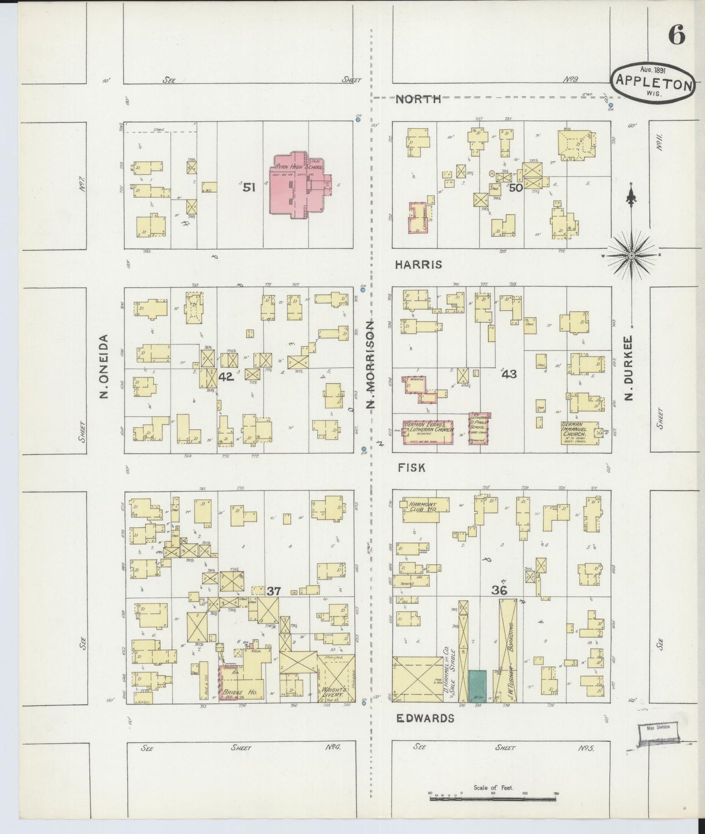 Sanborn Fire Insurance Map from Appleton, Outagamie County, Wisconsin (1891), Sheet #0006 - Complete Map Set gallery image, historic Sanborn map, vintage wall art, Wisconsin Wisconsin