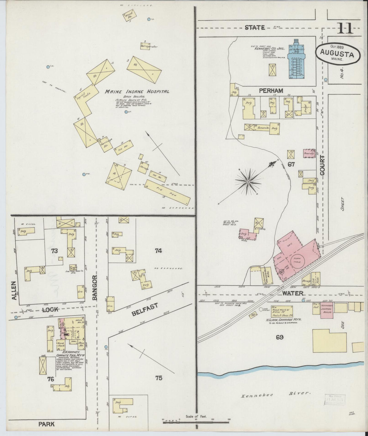 Sanborn Fire Insurance Map from Augusta, Kennebec County, Maine (1889), Sheet #0011 - Historic Sanborn Fire Insurance Map Print, vintage old map wall art, antique decor, genealogy gift, Maine Maine map