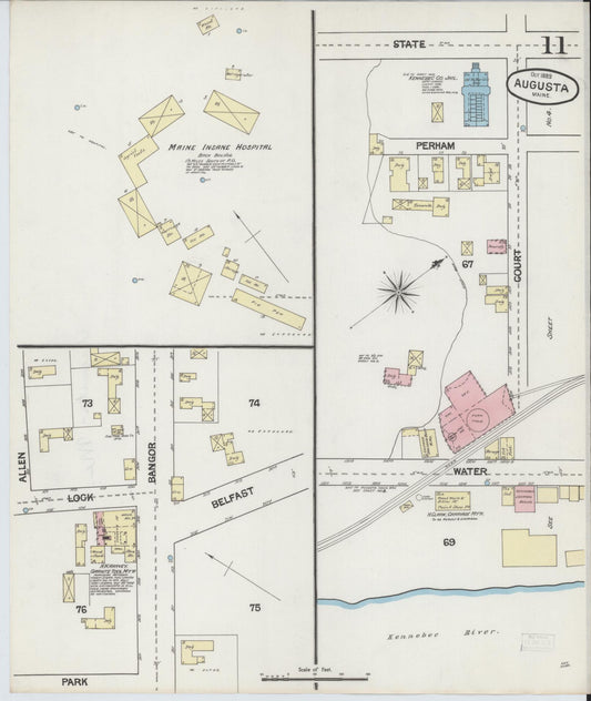 Sanborn Fire Insurance Map from Augusta, Kennebec County, Maine (1889), Sheet #0011 - Historic Sanborn Fire Insurance Map Print, vintage old map wall art, antique decor, genealogy gift, Maine Maine map
