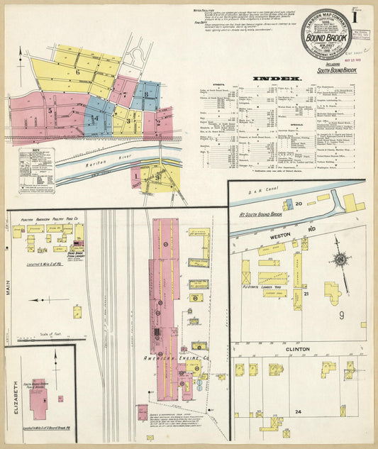 Sanborn Fire Insurance Map from Bound Brook, Somerset County, New Jersey (1910), Sheet #0001 - Historic Sanborn Fire Insurance Map Print, vintage old map wall art, antique decor, genealogy gift, New Jersey New Jersey map