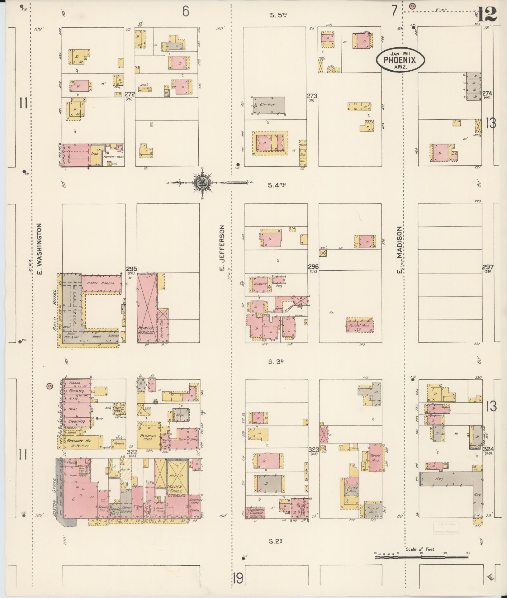 Sanborn Fire Insurance Map from Phoenix, Maricopa County, Arizona (1911), Sheet #0012 - Complete Map Set gallery image, historic Sanborn map, vintage wall art, Arizona Arizona