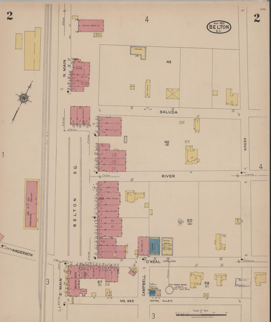 Sanborn Fire Insurance Map from Belton, Anderson County, South Carolina (1922), Sheet #0002 - Historic Sanborn Fire Insurance Map Print, vintage old map wall art, antique decor, genealogy gift, South Carolina South Carolina map