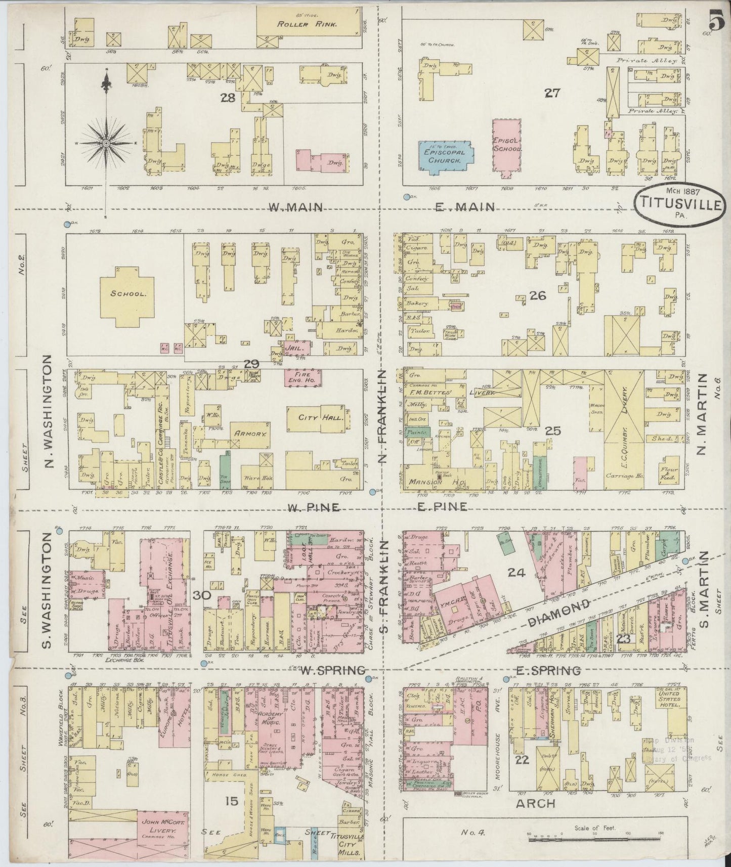 Sanborn Fire Insurance Map from Titusville, Crawford County, Pennsylvania (1887), Sheet #0005 - Complete Map Set gallery image, historic Sanborn map, vintage wall art, Pennsylvania Pennsylvania