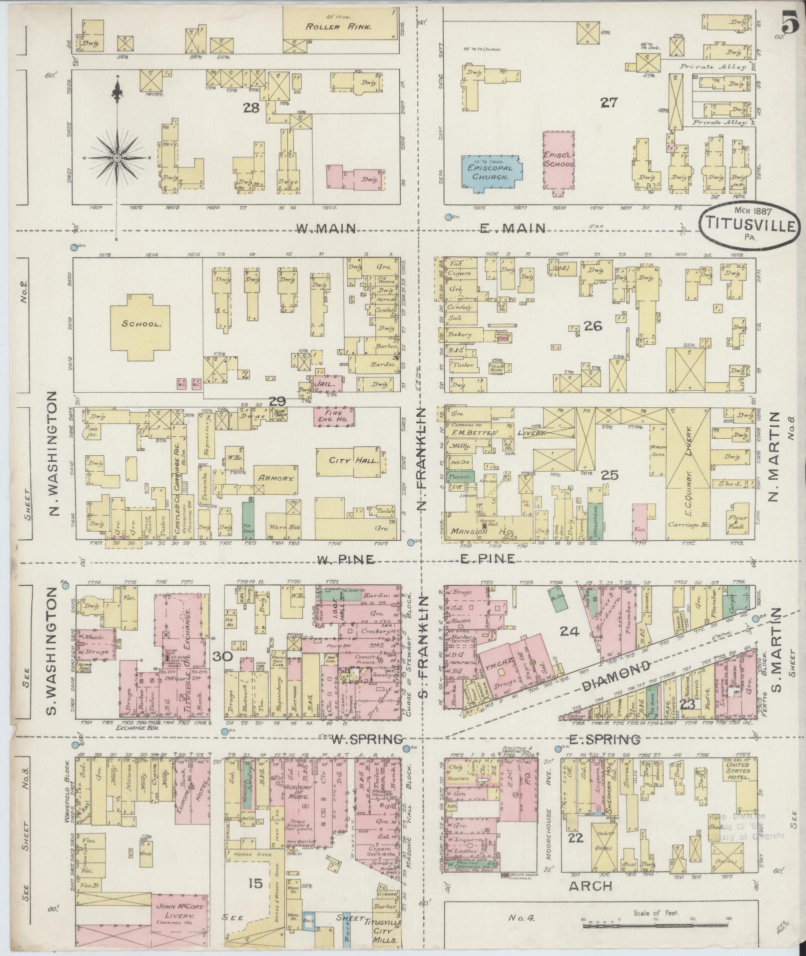 Sanborn Fire Insurance Map from Titusville, Crawford County, Pennsylvania (1887), Sheet #0005 - Complete Map Set gallery image, historic Sanborn map, vintage wall art, Pennsylvania Pennsylvania