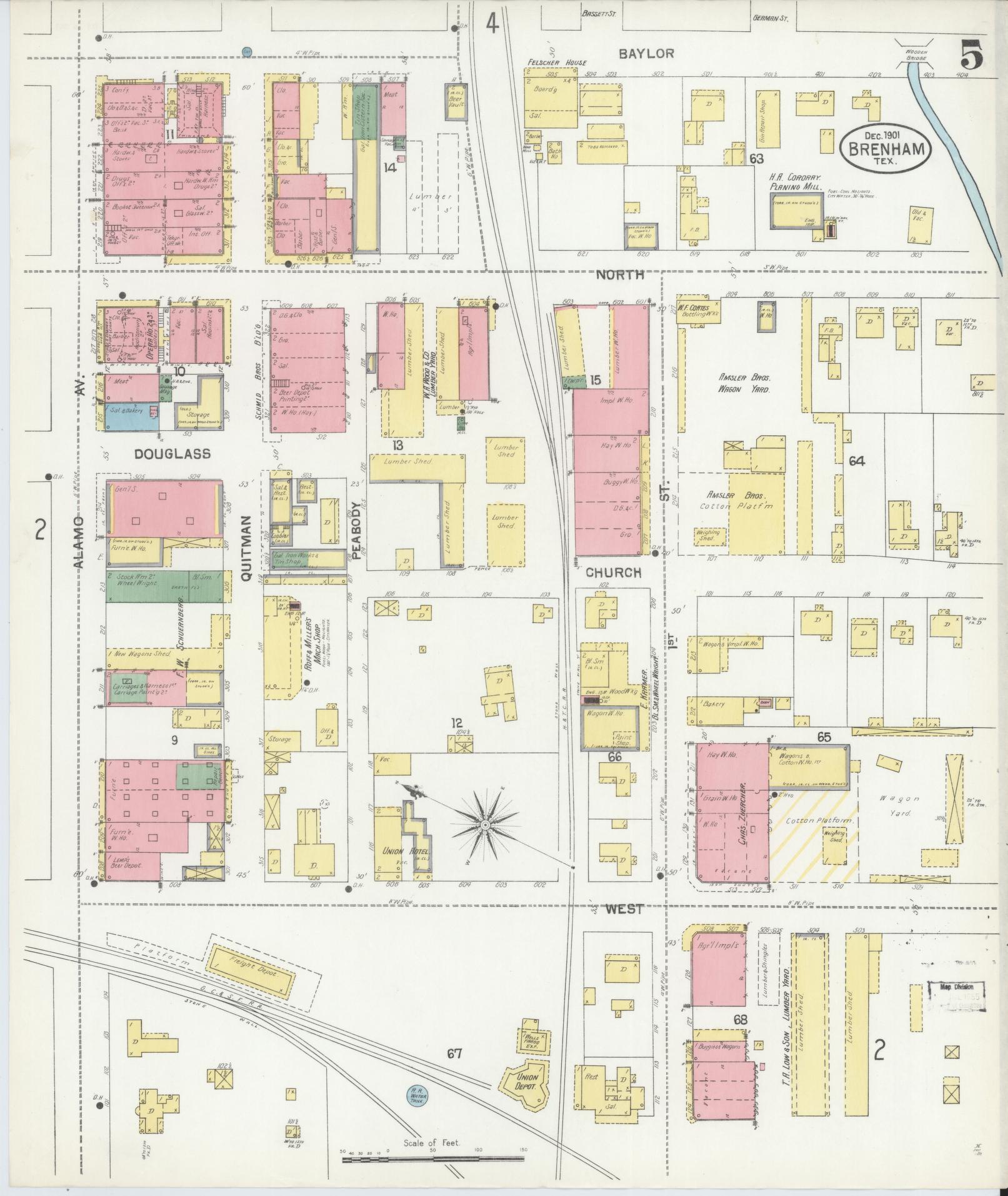 Sanborn Fire Insurance Map from Brenham, Washington County, Texas (1901), Sheet #0005 - Historic Sanborn Fire Insurance Map Print, vintage old map wall art, antique decor, genealogy gift, Texas Texas map