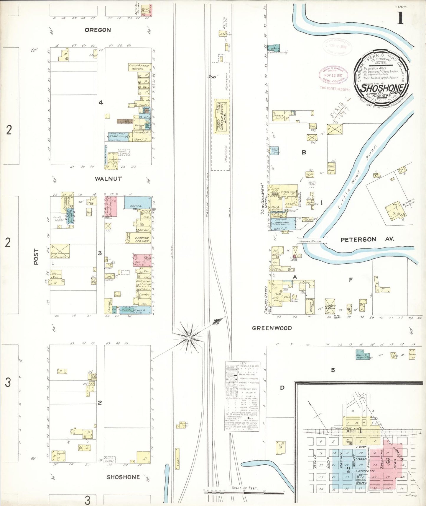 Sanborn Fire Insurance Map from Shoshone, Lincoln County, Idaho (1897), Sheet #0001 - Historic Sanborn Fire Insurance Map Print, vintage old map wall art, antique decor, genealogy gift, Idaho Idaho map