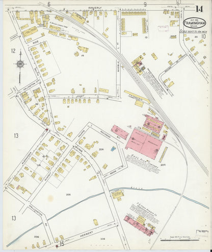 Sanborn Fire Insurance Map from Framingham, Middlesex County, Massachusetts (1915), Sheet #0014 - Historic Sanborn Fire Insurance Map Print, vintage old map wall art, antique decor, genealogy gift, Massachusetts Massachusetts map