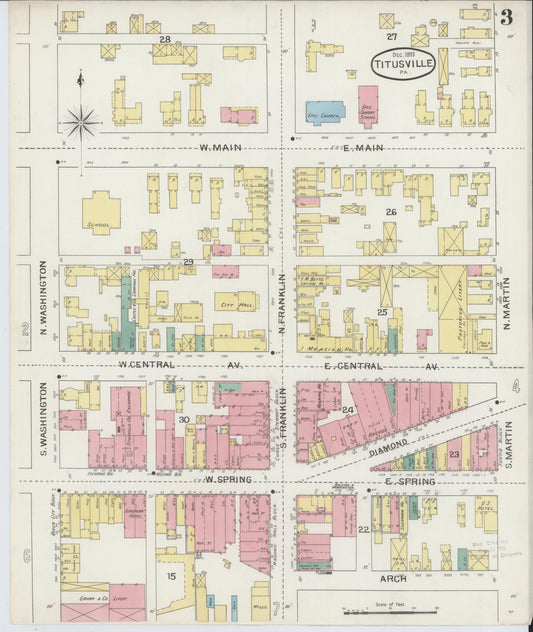 Sanborn Fire Insurance Map from Titusville, Crawford County, Pennsylvania (1893), Sheet #0003 - Historic Sanborn Fire Insurance Map Print, vintage old map wall art, antique decor, genealogy gift, Pennsylvania Pennsylvania map