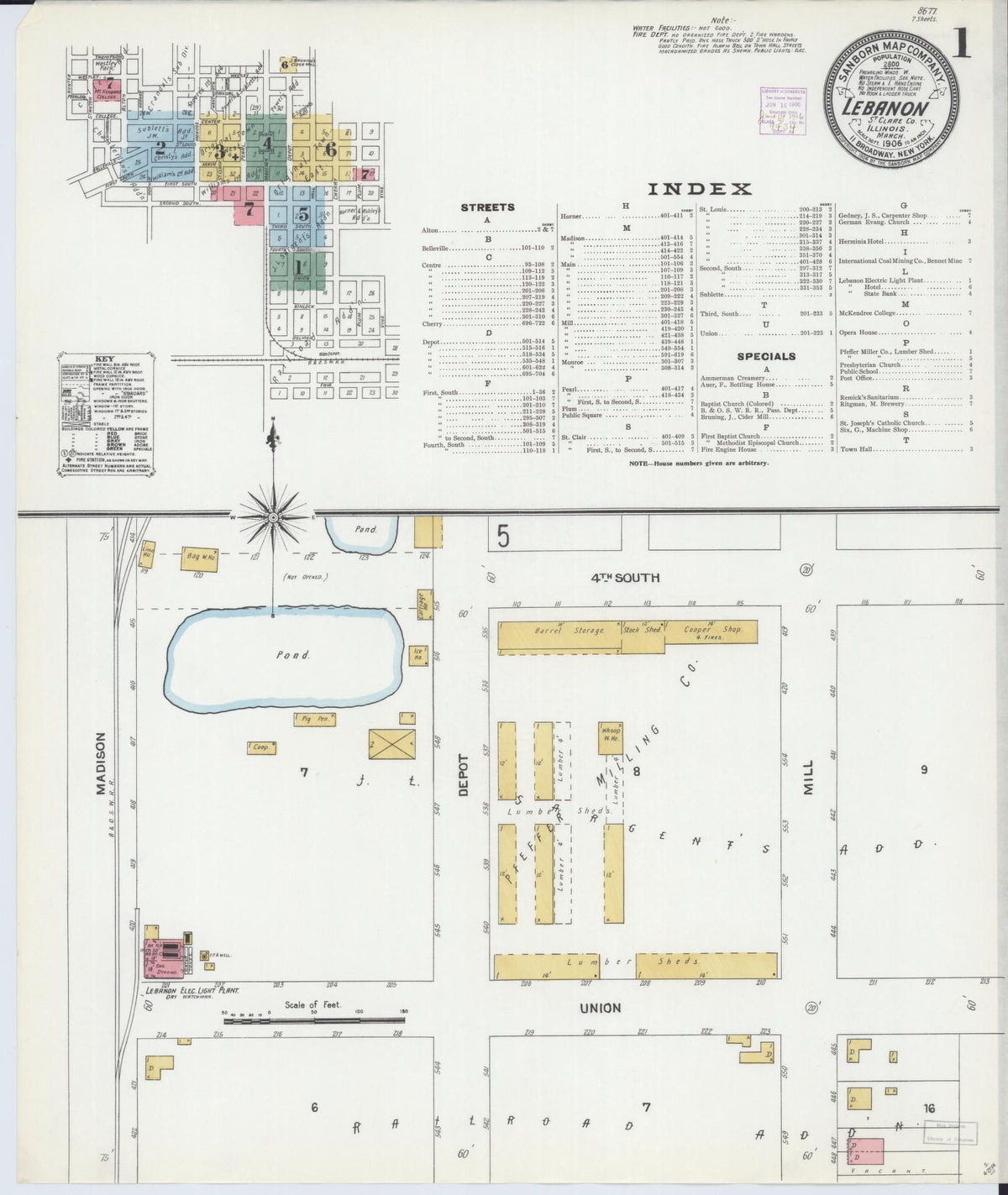 Sanborn Fire Insurance Map from Lebanon, Saint Clair County, Illinois (1906), Sheet #0001 - Complete Map Set gallery image, historic Sanborn map, vintage wall art, Illinois Illinois