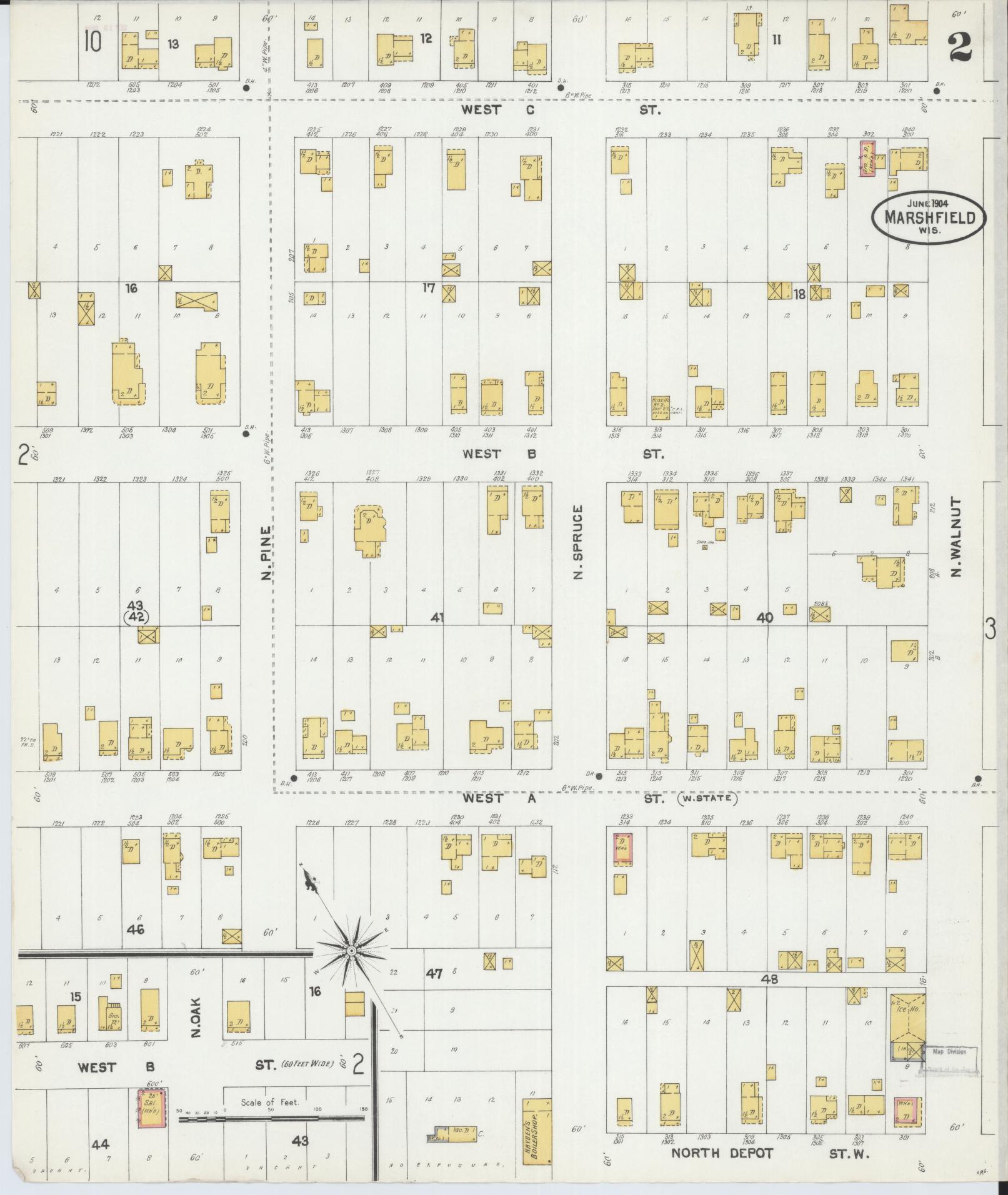 Sanborn Fire Insurance Map from Marshfield, Wood County, Wisconsin (1904), Sheet #0002 - Historic Sanborn Fire Insurance Map Print, vintage old map wall art, antique decor, genealogy gift, Wisconsin Wisconsin map