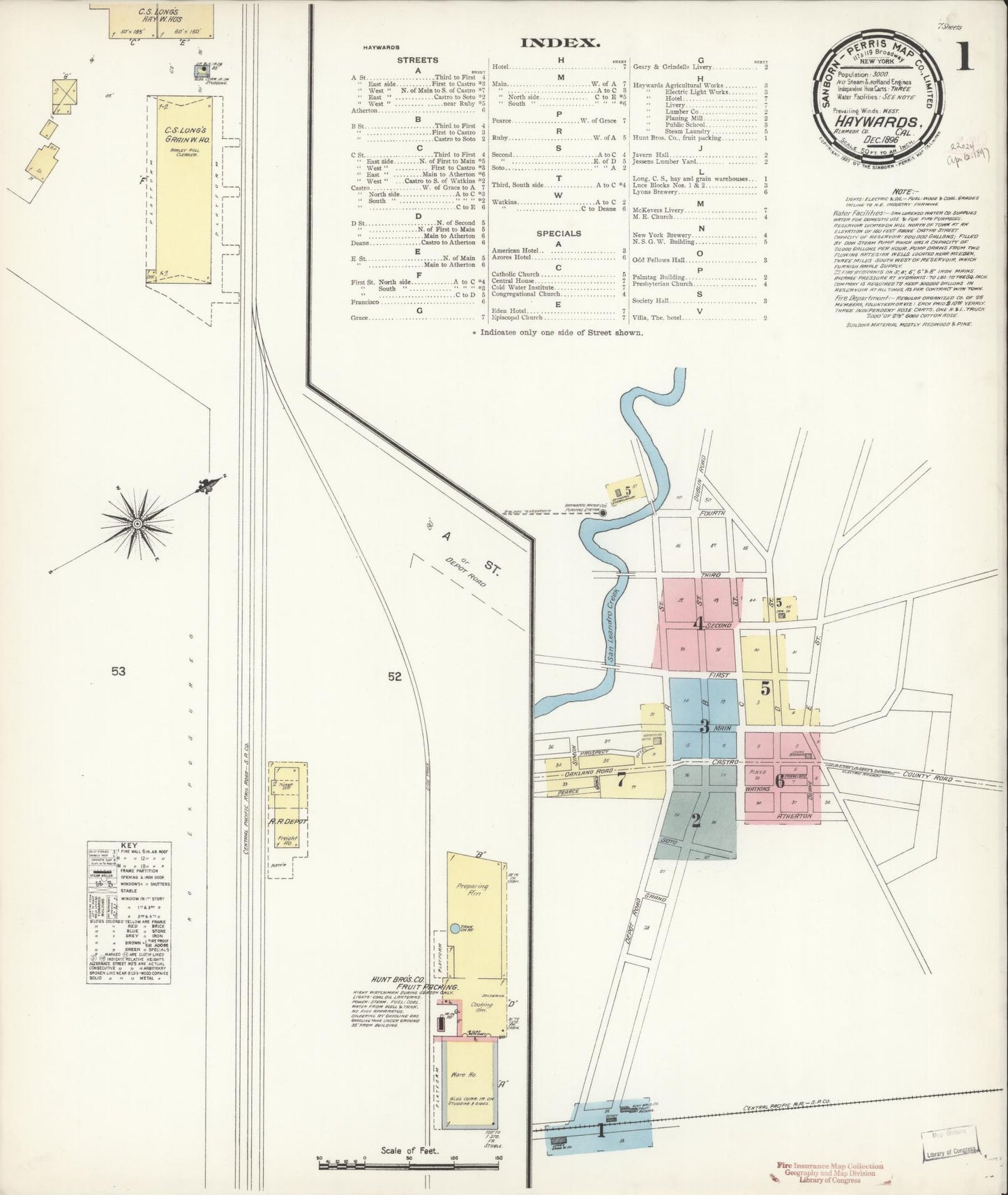 Sanborn Fire Insurance Map from Hayward, Alameda County, California (1896), Sheet #0001 - Historic Sanborn Fire Insurance Map Print, vintage old map wall art, antique decor, genealogy gift, California California map