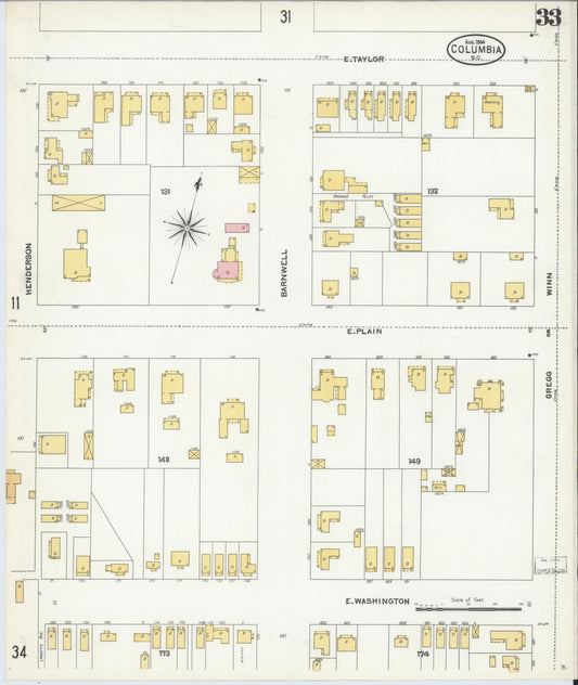 Sanborn Fire Insurance Map from Columbia, Richland County, South Carolina (1904), Sheet #0033 - Historic Sanborn Fire Insurance Map Print, vintage old map wall art, antique decor, genealogy gift, South Carolina South Carolina map